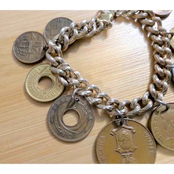 Vintage Foreign Coin Charm Bracelet Early 1900s to 1960s European Latin Oriental - Picture 5 of 12